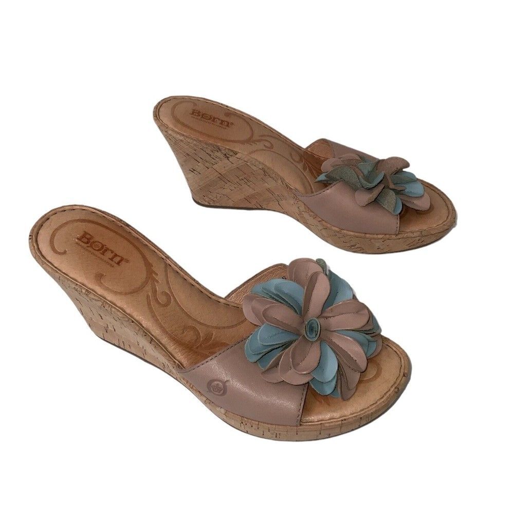 Born Women's Neverah Green Tan Leather Floral Cork Slip On Wedge Sandals Sz 10M